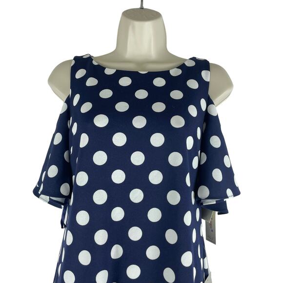 Eliza J Cold Shoulder Polka Dots Mini Dress Navy White Size 2 - Picture 5 of 10